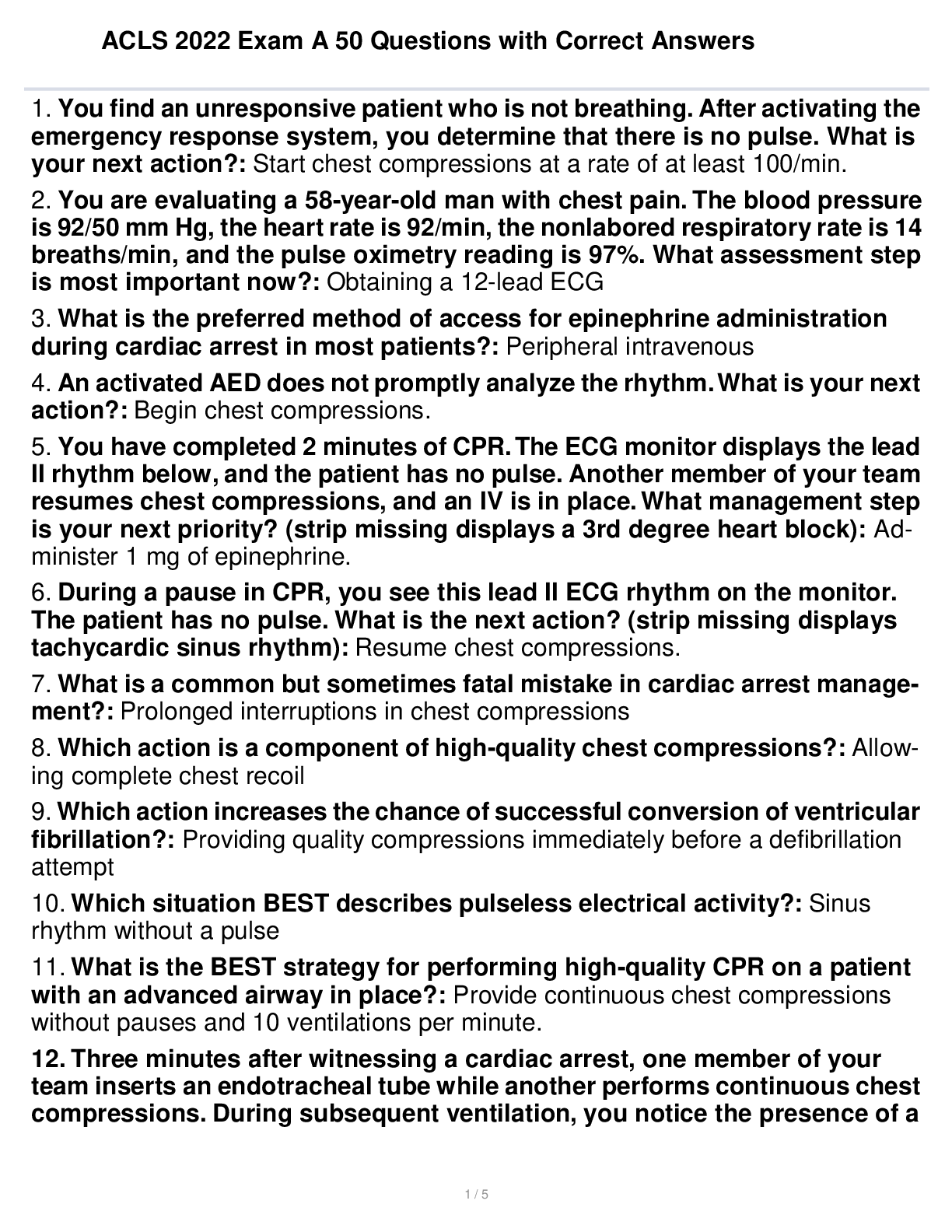 ACLS Exam Version A 2020-2021 questions with answers - Browsegrades